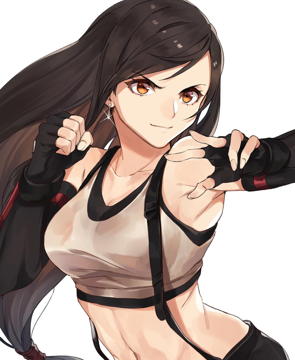 1girl, before_crisis:_final_fantasy_vii, black_hair, black_skirt, breasts, brown_eyes, clenched_hand, closed_mouth