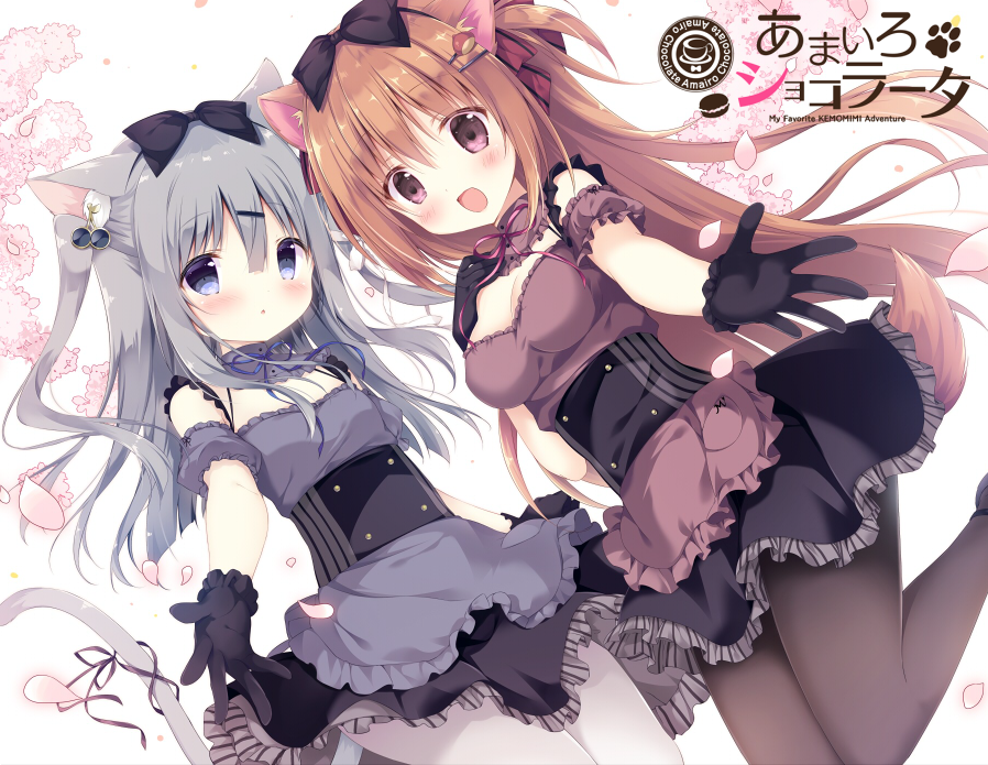 2girls, :d, :o, amairo_chocolata, animal_ear_fluff, animal_ears, apron, black_bow