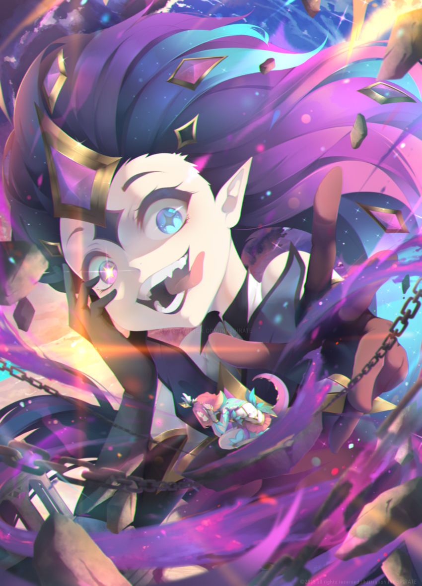 2girls, absurdres, alternate_costume, alternate_hair_color, boots, chain, dress, elbow_gloves, frog, gloves, glowing, glowing_eye, highres, league_of_legends, lips, lipstick, long_hair, magical_girl, makeup, multiple_girls, neeko_(league_of_legends), orange_hair, purple_hair, purple_lips, star_(symbol), star_guardian_(league_of_legends), star_guardian_neeko, star_guardian_zoe, tail, thighhighs, very_long_hair, zoe_(league_of_legends)