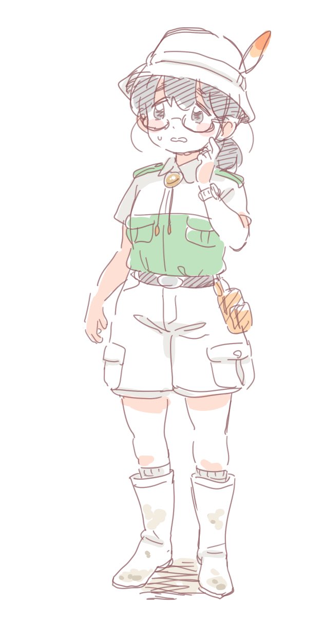 black_hair, blush, boots, bucket_hat, cargo_shorts, collared_shirt, commentary_request, epaulettes