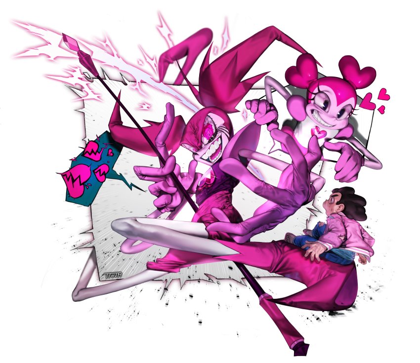 1boy, 1girl, absurdres, boots, broken_heart, colored_skin, crazy_eyes, denim