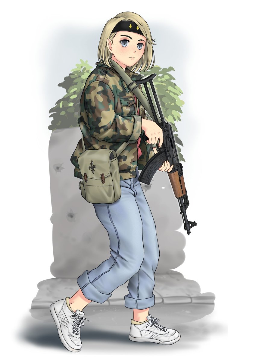 1girl, assault_rifle, black_headband, blonde_hair, bosnia_and_herzegovina, bush, camouflage, camouflage_coat
