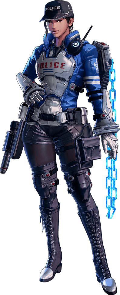 1girl, alicia_lopez, astral_chain, breasts, character_request, nintendo, official_art, platinumgames, smile