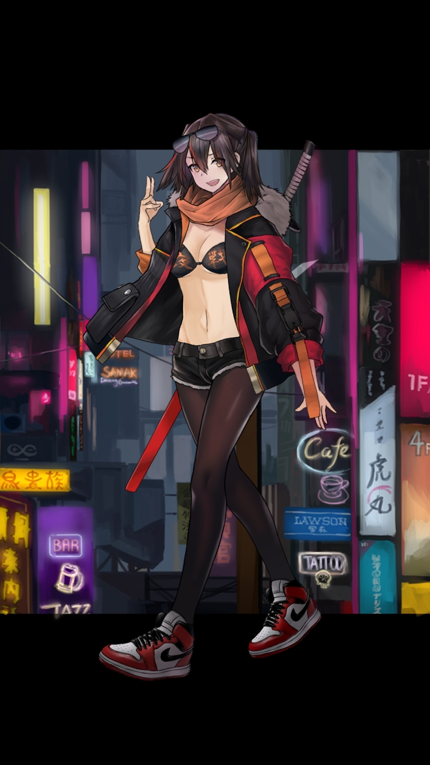 1girl, air_jordan, air_jordan_1, alley, alternate_costume, bar_(place), black_bra, black_jacket