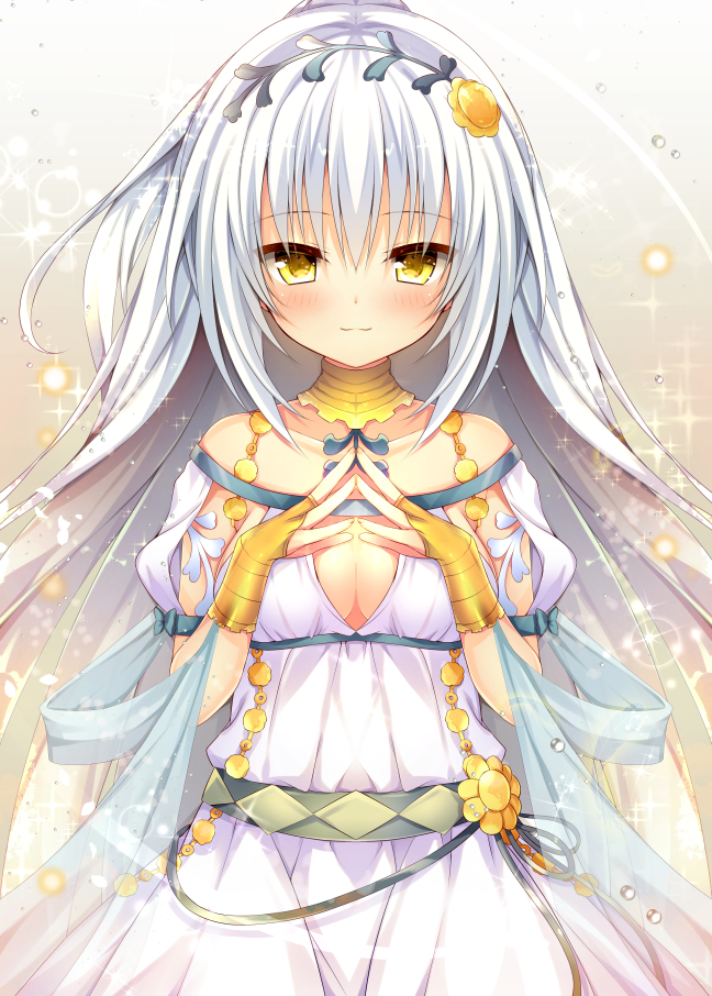 1girl, :3, bare_shoulders, blush, breasts, cleavage, cleavage_cutout, closed_mouth