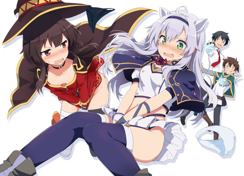 2boys, 2girls, alzano_school_uniform, black_hair, blue_thighhighs, breasts, commentary_request, covering_privates, covering_crotch, creator_connection, crossover, downblouse, garter_straps, glenn_radars, gotyou, green_eyes, kono_subarashii_sekai_ni_shukufuku_wo!, light_purple_hair, megumin, multiple_boys, multiple_girls, necktie, no_panties, panties, unworn_panties, pants, pervert, red_eyes, red_neckwear, rokudenashi_majutsu_koushi_to_akashic_record, satou_kazuma, school_uniform, short_hair_with_long_locks, sistine_fibel, small_breasts, sweatdrop, tears, thighhighs, underwear, v-shaped_eyebrows, white_background