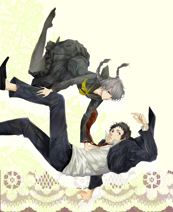 2boys, adachi_tooru, atlus, bad_id, bad_pixiv_id, black_hair, black_legwear, braid
