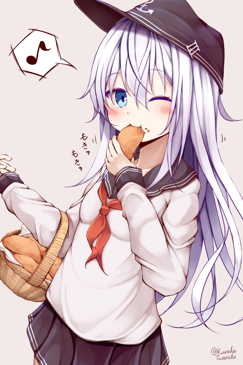 1girl, absurdres, artist_name, black_sailor_collar, blue_eyes, breasts, eating, female_focus