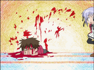 00s, 1boy, 1girl, animated, animated_gif, anime_screenshot, blood, blood_on_face, bokusatsu_tenshi_dokuro-chan, hetero, kiss, kusakabe_sakura, lowres, mitsukai_dokuro, thighhighs
