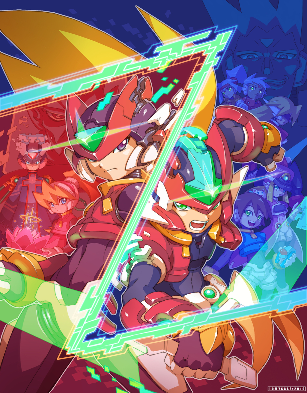 4girls, 6+boys, aile_(mega_man_zx), android, armor, ashe_(mega_man), biometal, blonde_hair, blue_eyes, brown_hair, capcom, ciel_(mega_man), closed_mouth, commentary, dr._weil_(mega_man), energy_sword, english_commentary, girouette_(mega_man), grey_(mega_man), grey_hair, helmet, highres, holding, holding_weapon, layered_sleeves, long_hair, long_sleeves, mega_man_(series), mega_man_zero_(series), mega_man_zx, mega_man_zx_advent, model_x_(mega_man), model_z_(mega_man), model_zx_(mega_man), multiple_boys, multiple_girls, official_style, open_mouth, ponytail, power_armor, prairie_(mega_man), serpent_(mega_man), short_hair, short_over_long_sleeves, short_sleeves, sword, tomycase, vent_(mega_man), weapon, x_(mega_man), zero_(mega_man)