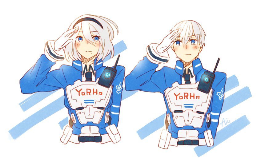 1boy, 1girl, 2b_(nier:automata), 9s_(nier:automata), armor, astral_chain, axi125, blue_eyes