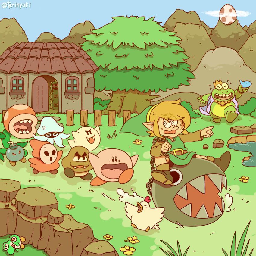 1boy, anti-kirby, bird, blooper_(mario), bob-omb, boo_(mario), brown_hair, chain_chomp