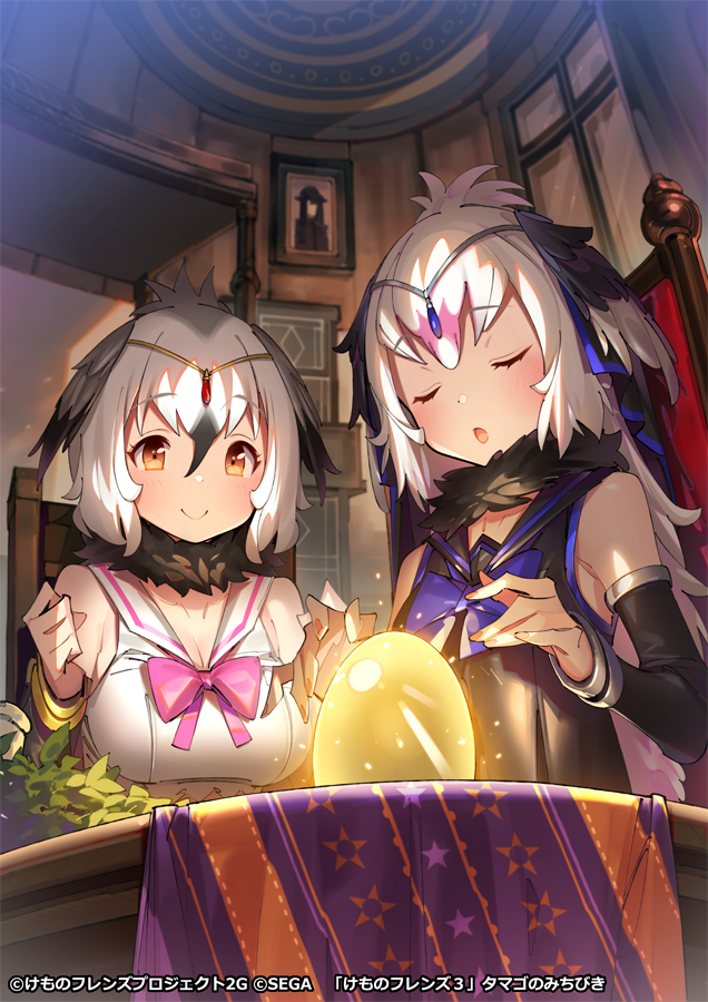 2girls, bare_shoulders, bird_wings, black_hair, black_shirt, blue_neckwear, blush, bow