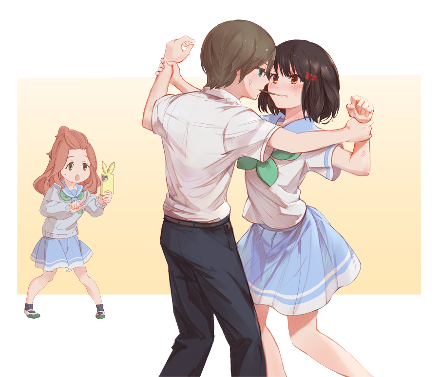1777_kaki, 1boy, 2girls, black_hair, black_pants, blue_sailor_collar, bow, brown_hair