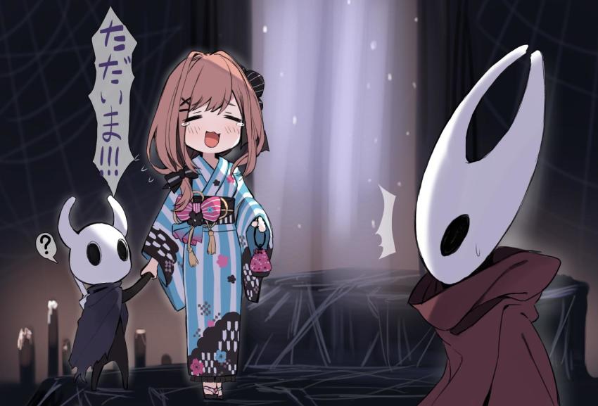1other, 2girls, ^^^, bag, black_bow, black_skin, blue_kimono, blush, bow, brown_hair, cloak, closed_eyes, colored_skin, commentary, flying_sweatdrops, ganesagi, hair_bow, holding, holding_bag, holding_hands, hollow_eyes, hollow_knight, hornet_(hollow_knight), japanese_clothes, kimono, kinchaku, knight_(hollow_knight), long_sleeves, medium_hair, multiple_girls, nail_(hollow_knight), nijisanji, obi, open_mouth, pouch, red_cloak, sandals, sash, striped_clothes, striped_kimono, suzuhara_lulu, suzuhara_lulu_(2nd_costume), sweatdrop, tears, translated, underground, vertical-striped_clothes, vertical-striped_kimono, virtual_youtuber, wide_sleeves, yukata
