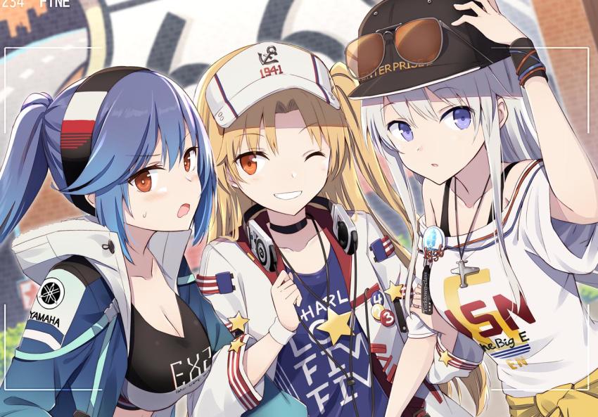 3girls, alternate_costume, azur_lane, baseball_cap, black_choker, blonde_hair, blue_hair, blush