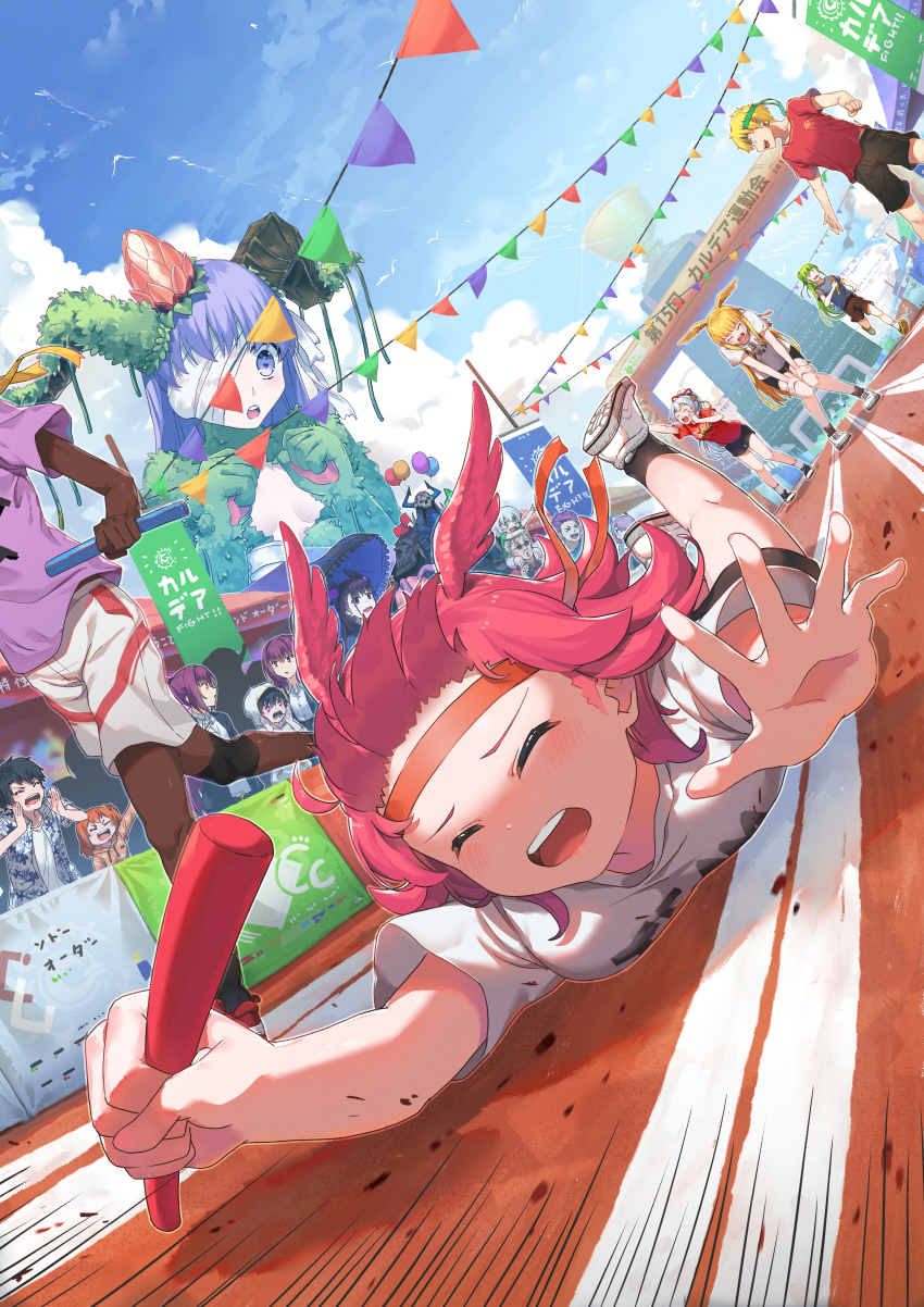 6+boys, 6+girls, absurdres, alternate_costume, arjuna_(fate), armor, black_hair, black_shorts