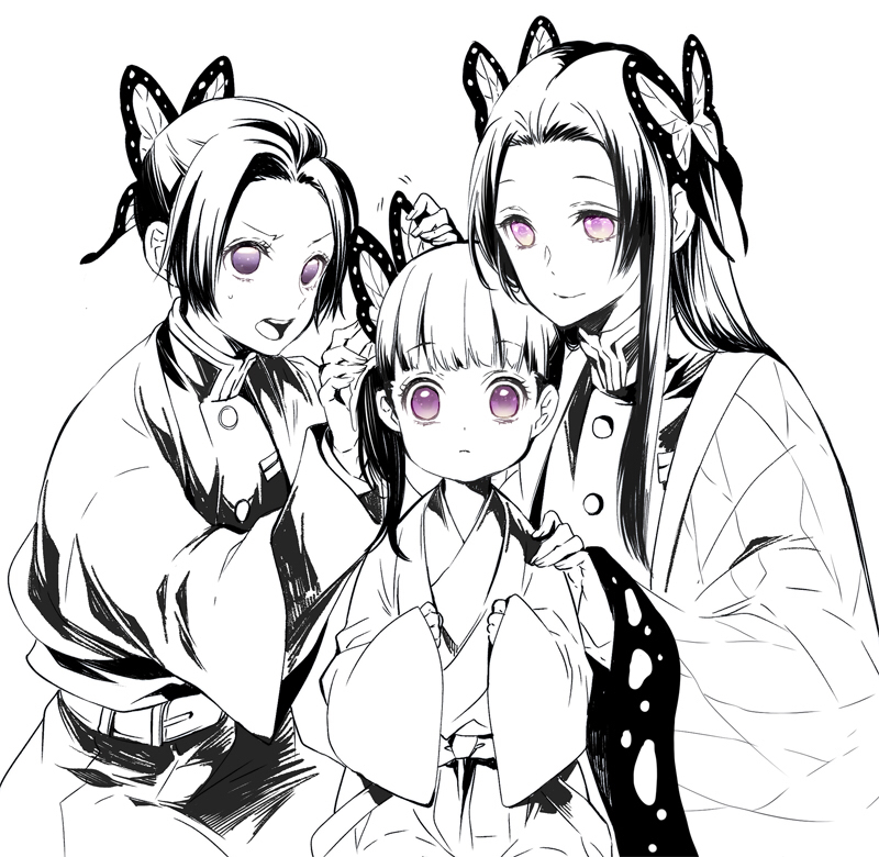 3girls, adjusting_hair_ornament, belt, butterfly_hair_ornament, child, dressing_another, hair_ornament, hand_on_another's_shoulder, haori, japanese_clothes, kimetsu_no_yaiba, kochou_kanae, kochou_shinobu, long_hair, long_sleeves, looking_at_viewer, multiple_girls, purple_eyes, siblings, side_ponytail, simple_background, sisters, sleeves_past_wrists, smile, spot_color, sugahara_ryuu, sweatdrop, tsuyuri_kanao