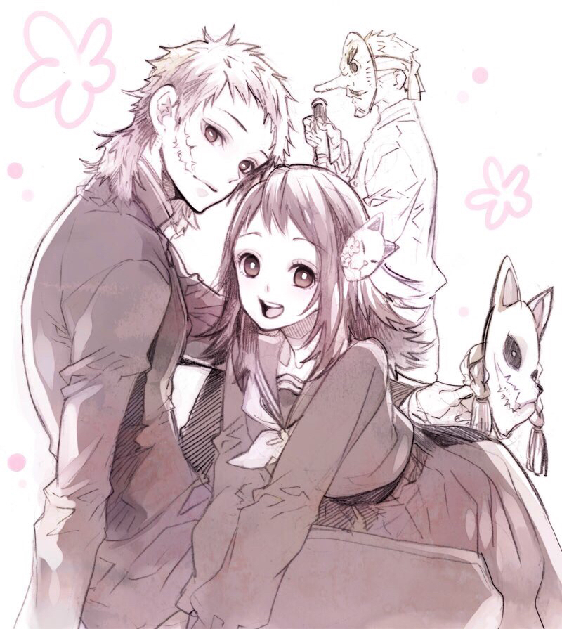 1girl, 2boys, :d, arm_support, closed_mouth, contemporary, facial_scar, fox_mask