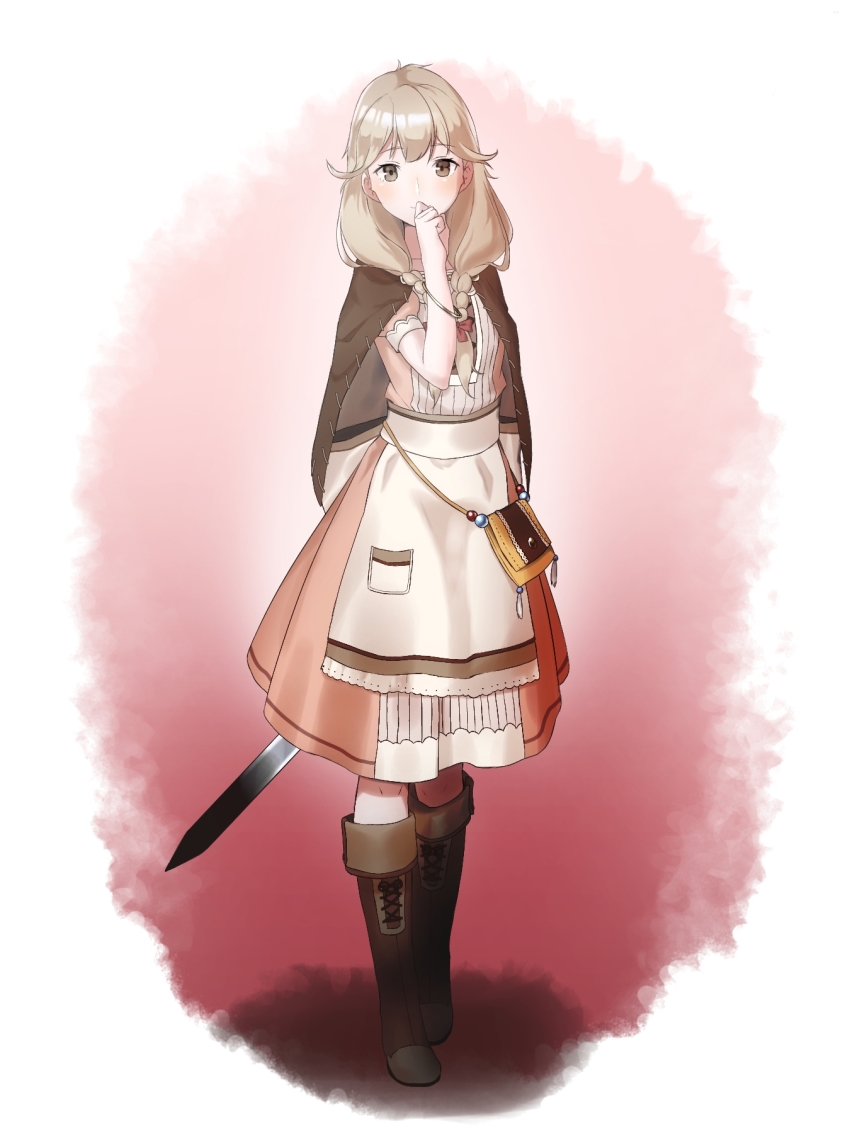 1girl, apron, bag, blonde_hair, blush, boots, bow, braid