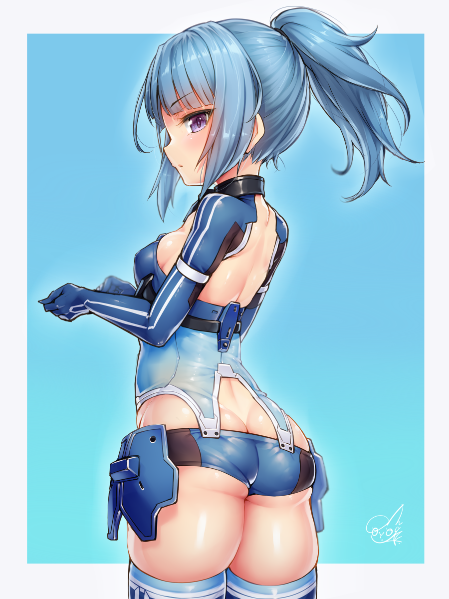 1girl, alice_gear_aegis, ass, blue_gloves, blue_hair, blush, breasts, butt_crack