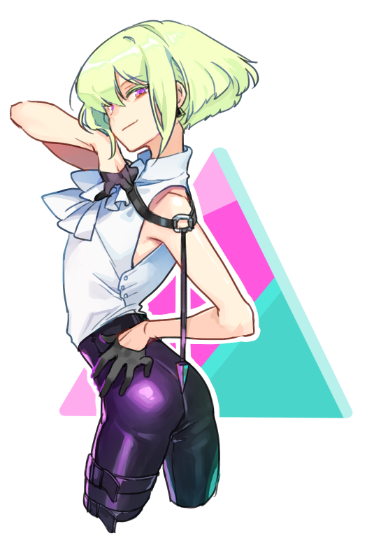 1boy, androgynous, ascot, ass, back, bishounen, gloves, green_hair