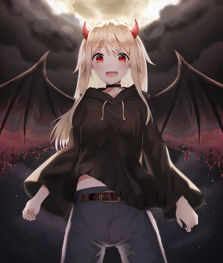 1girl, absurdres, bat_wings, belt, black_belt, black_choker, black_hoodie, blonde_hair