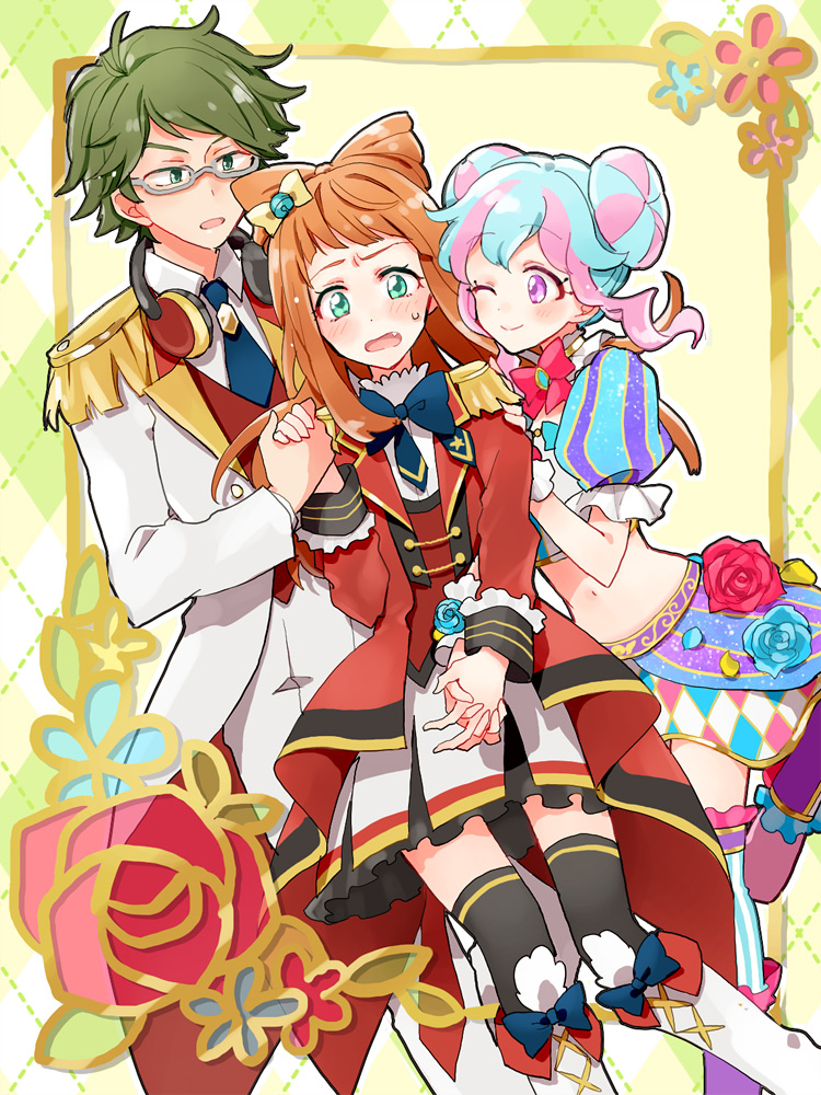1boy, 2girls, :o, ahoge, aikatsu!_(series), aikatsu_stars!, bell, bisexual_female, black_legwear, blue_flower, blue_hair, blue_rose, blunt_bangs, blush, boots, border, bow, bowtie, boy_and_girl_sandwich, commentary_request, cone_hair_bun, cowboy_shot, crop_top, donut_hair_bun, double_bun, dress, embarrassed, epaulettes, fang, flower, glasses, green_eyes, green_hair, hair_bun, hanazono_kirara, headphones, headphones_around_neck, holding_hands, idol, idol_clothes, interlocked_fingers, jacket, jingle_bell, kira_kanata, light_blue_hair, long_hair, long_jacket, long_sleeves, looking_at_another, looking_at_viewer, love_triangle, m4_uniform, midriff, multicolored_dress, multicolored_hair, multiple_girls, navel, necktie, one_eye_closed, open_mouth, orange_hair, pants, pink_hair, popoin, puffy_short_sleeves, puffy_sleeves, purple_eyes, raised_eyebrows, red_flower, red_jacket, red_rose, rose, s4_uniform, sandwiched, saotome_ako, school_uniform, semi-rimless_eyewear, short_hair, short_sleeves, sidelocks, skirt, smile, sweatdrop, swept_bangs, thighhighs, under-rim_eyewear, white_footwear, white_jacket, white_pants, white_skirt