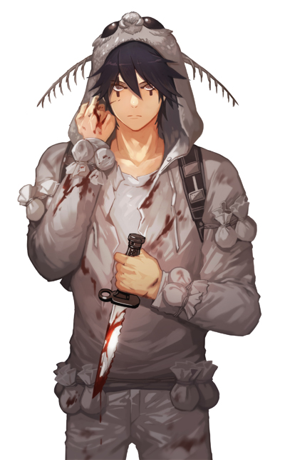 1boy, animal_hood, antennae, anysnail, black_hair, blood, blood_on_clothes, bloody_knife, brown_eyes, cowboy_shot, dokuga, dorohedoro, expressionless, hood, hoodie, knife, looking_at_viewer, male_focus, moth_antennae, solo, tattoo, white_background