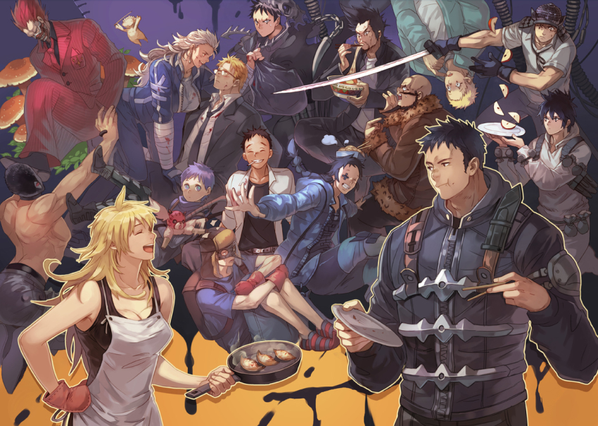 4girls, aikawa_(dorohedoro), anysnail, apron, back, bandages, beard, black_gloves