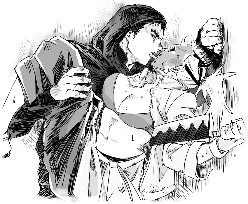 1boy, 1girl, bikini, bikini_top_only, breasts, dorohedoro, greyscale, hood, hoodie, jacket, kai_(dorohedoro), knife, large_breasts, licking, long_hair, mask, cleaver, midriff, monochrome, navel, nikaidou_(dorohedoro), open_clothes, open_jacket, ponytail, r_(corolla), sketch, swimsuit, tongue