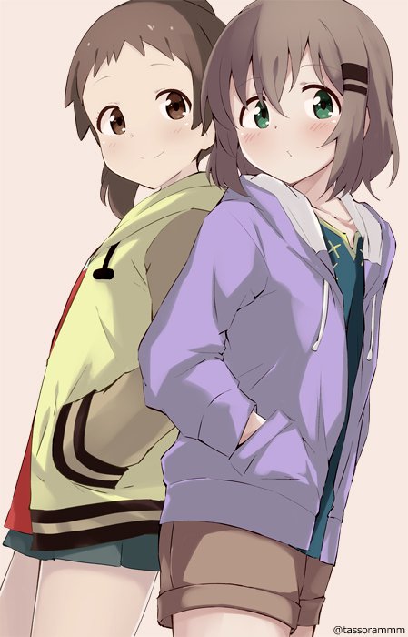 2girls, artist_name, blue_shirt, blush, brown_background, brown_eyes, brown_hair, brown_jacket, brown_shorts, closed_mouth, collarbone, commentary_request, drawstring, green_eyes, green_skirt, hair_between_eyes, hair_ornament, hairclip, hands_in_pockets, hood, hood_down, hooded_jacket, jacket, mio_(yama_no_susume), multiple_girls, open_clothes, open_jacket, pleated_skirt, purple_jacket, red_shirt, shirt, short_shorts, shorts, simple_background, skirt, smile, standing, tasora, twitter_username, yama_no_susume, yukimura_aoi