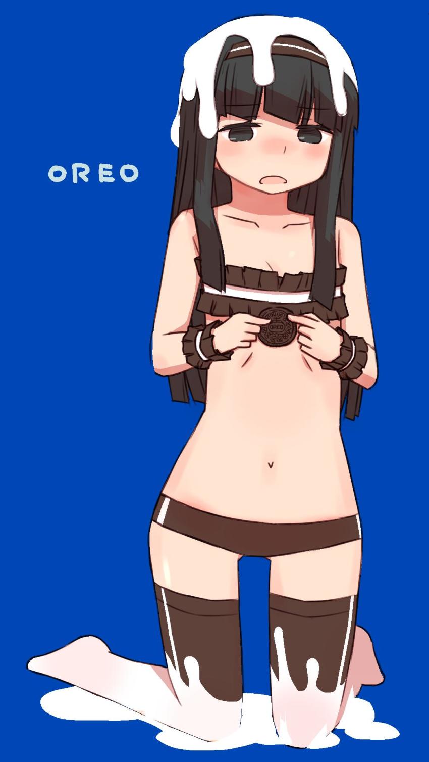 1girl, alternate_costume, black_eyes, black_hair, black_shorts, black_thighhighs, blue_background, blunt_bangs