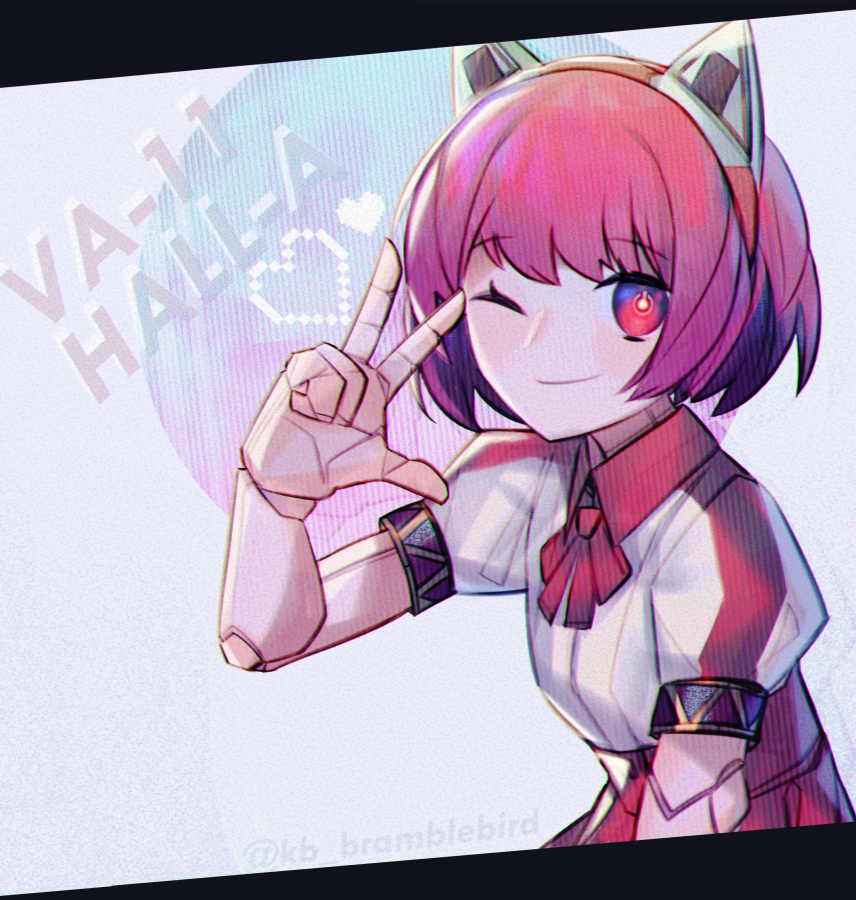 1girl, android, animal_ears, commentary, copyright_name, dorothy_haze, fake_animal_ears, female_focus, hairband, heart, joints, kky, looking_at_viewer, neck_ribbon, one_eye_closed, pale_skin, pixel_heart, red_eyes, red_hair, red_ribbon, ribbon, robot_joints, short_hair, smile, solo, twitter_username, upper_body, va-11_hall-a, w