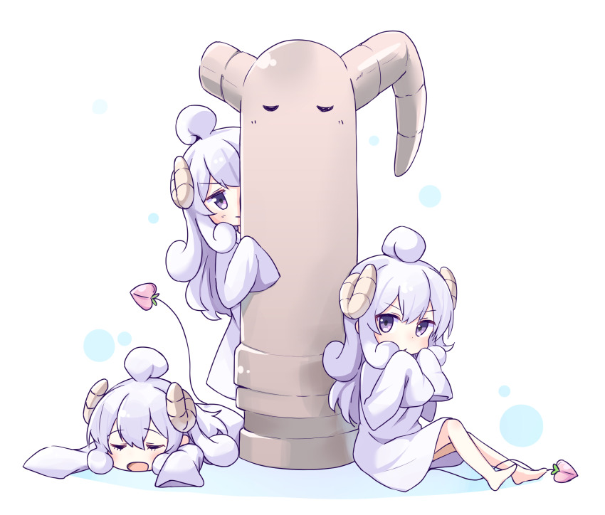 3girls, :/, absurdres, ahoge, aki_inu, barefoot, blush, closed_eyes