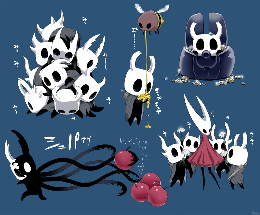 1girl, 6+others, apple, arizuka_(catacombe), bee, blue_background, bug, cherry, commentary_request, everbloom_(hollow_knight), flower, food, fruit, highres, hiveling_(hollow_knight), hollow_knight, hollow_knight_(character), honey, hornet_(hollow_knight), insect, knight_(hollow_knight), looking_at_viewer, lying_on_another, money, multiple_others, multiple_views, nail_(hollow_knight), old_nail_(hollow_knight), pectorals, shadow, simple_background, sword, weapon, white_flower