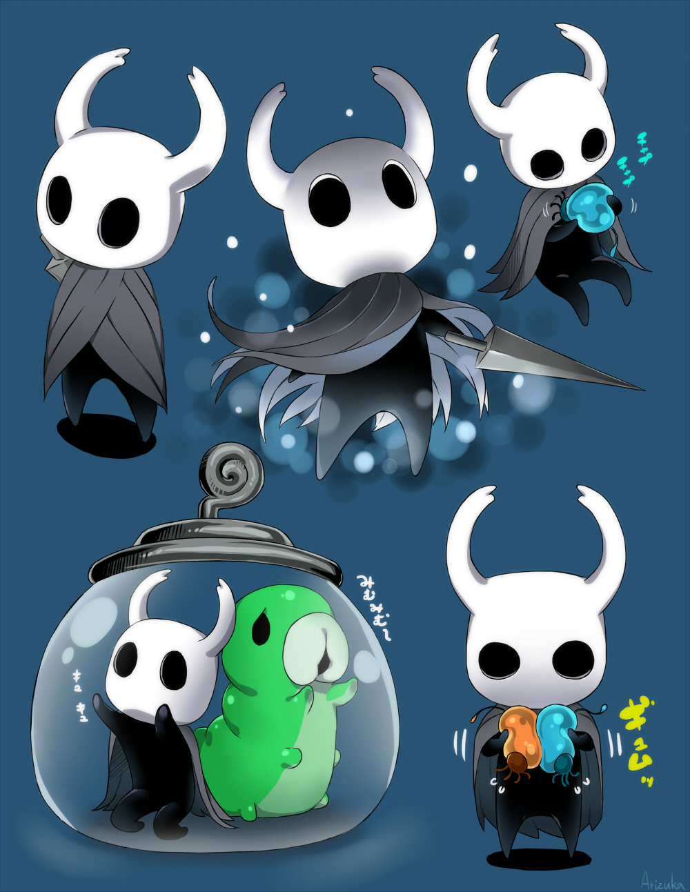 1other, arizuka_(catacombe), blue_background, bug, cloak, grub_(hollow_knight), highres, holding