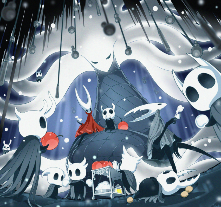 1boy, 2girls, 6+others, apple, arizuka_(catacombe), broken_vessel_(hollow_knight), cherry, cloak, commentary_request, cup, eating, food, fruit, greenpath_vessel_(hollow_knight), helmet, highres, hollow_knight, hollow_knight_(character), hornet_(hollow_knight), knight_(hollow_knight), looking_at_viewer, lying, multiple_girls, multiple_others, nut_(food), on_back, on_ground, red_cloak, sitting, spoilers, standing, tea, teacup, white_lady_(hollow_knight), zote