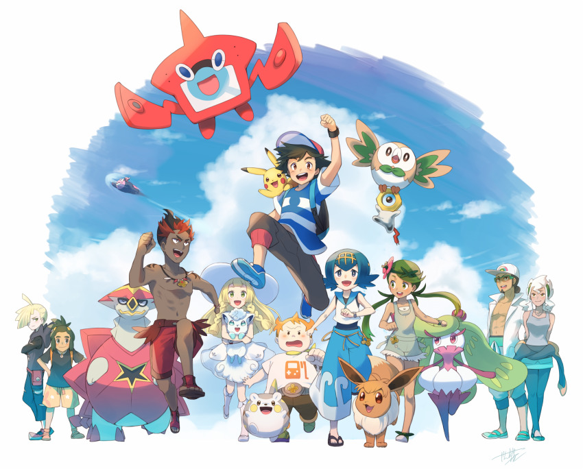 5girls, 6+boys, ahoge, alolan_form, alolan_vulpix, aqua_eyes, arms_behind_back, artist_name