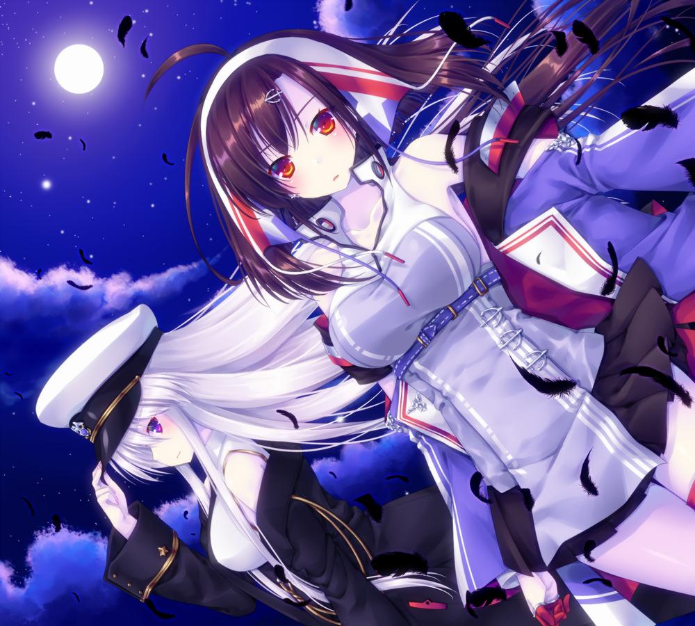 2girls, adjusting_clothes, adjusting_headwear, ahoge, anchor_hair_ornament, azur_lane, bare_shoulders, belt