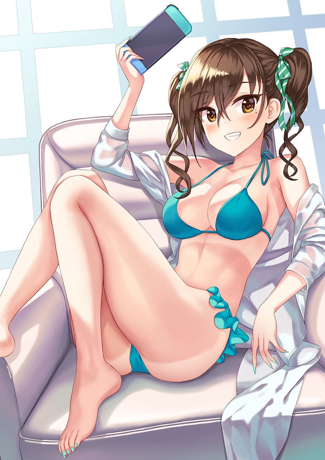 1girl, ass, azuka_akira, bare_shoulders, barefoot, bikini, blue_bikini, blush, breasts, brown_eyes, brown_hair, cleavage, collared_shirt, dress_shirt, female_focus, grin, hair_between_eyes, halterneck, hamahama, handheld_game_console, highres, idolmaster, idolmaster_cinderella_girls, knees_up, larg, large_breasts, long_hair, long_sleeves, looking_at_viewer, medium_breasts, mole, mole_under_eye, nail_polish, nintendo, nintendo_switch, off_shoulder, open_clothes, open_shirt, sharp_teeth, shirt, sitting, smile, solo, sunazuka_akira, swimsuit, teeth, thighs, toenail_polish, toenails, twintails, white_shirt