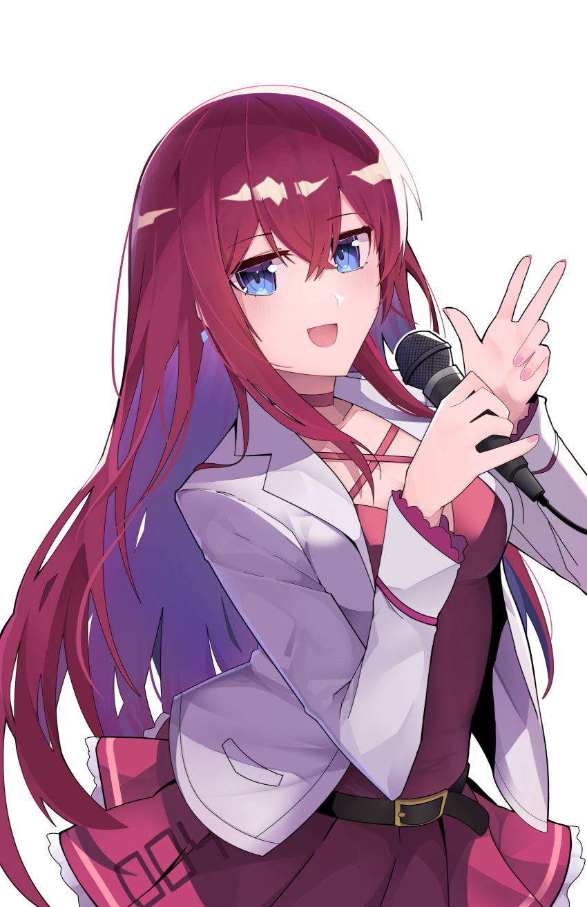 1girl, absurdres, belt, belt_buckle, blue_eyes, blush, breasts, brown_hair, buckle, collarbone, commentary_request, dress, female_focus, hair_between_eyes, highres, holding, holding_microphone, idol, idol_(7th_dragon), jacket, long_hair, long_sleeves, looking_at_viewer, makise_kurisu, medium_breasts, microphone, music, open_mouth, pink_dress, red_hair, science_adventure, simple_background, singing, sleepy_frippy, smile, solo, steins;gate, upper_body, v, white_background