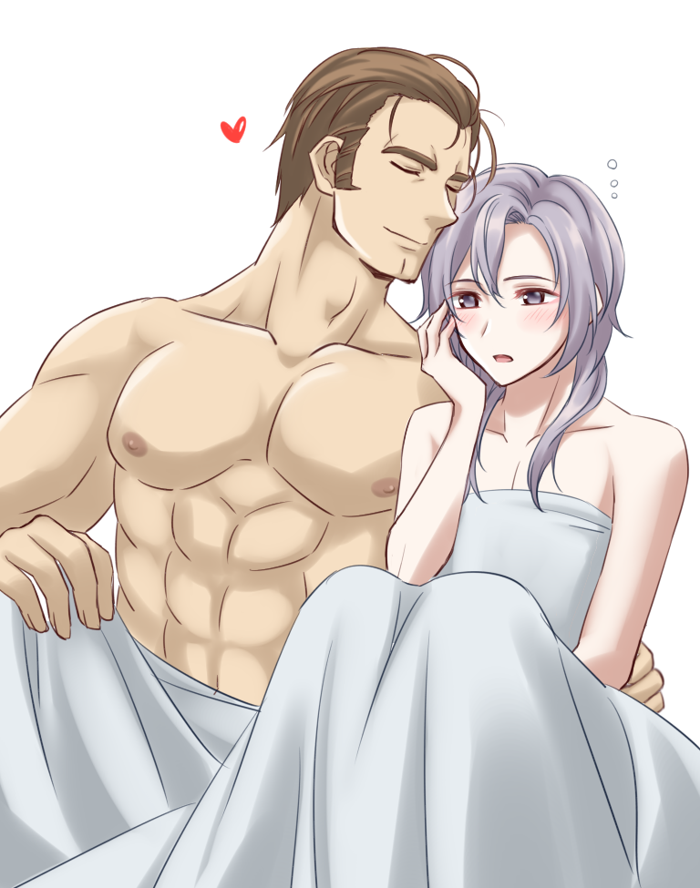 2boys, abs, blush, brown_hair, closed_eyes, fire_emblem, fire_emblem_echoes:_shadows_of_valentia, heart