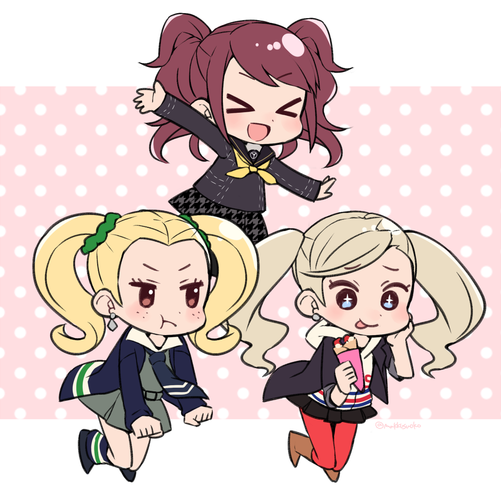 >_<, +_+, 3girls, :d, :p, :t, ayase_yuka, black_skirt