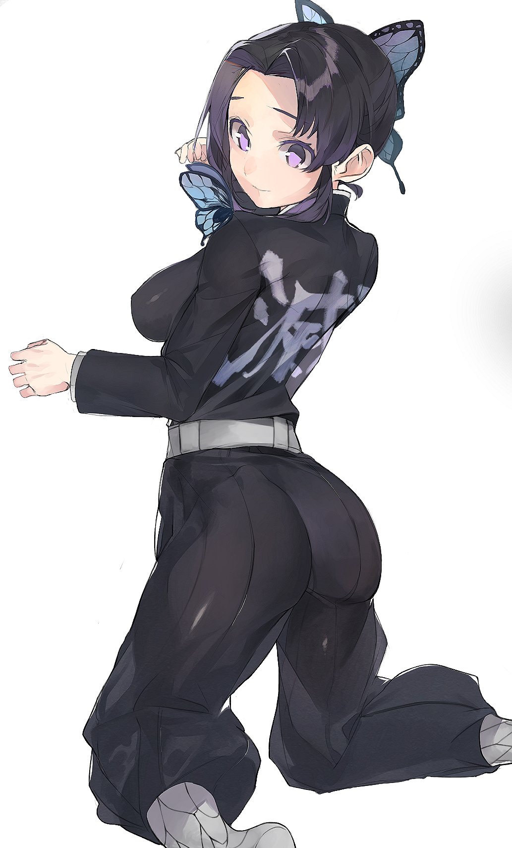 1girl, ass, black_hair, breasts, bug, butterfly, butterfly_hair_ornament, butterfly_on_shoulder, female_focus, full_body, hair_ornament, highres, insect, kimetsu_no_yaiba, kneeling, kochou_shinobu, looking_back, medium_breasts, pisuta_(yamashiro), purple_eyes, sidelocks, smile, solo, white_background