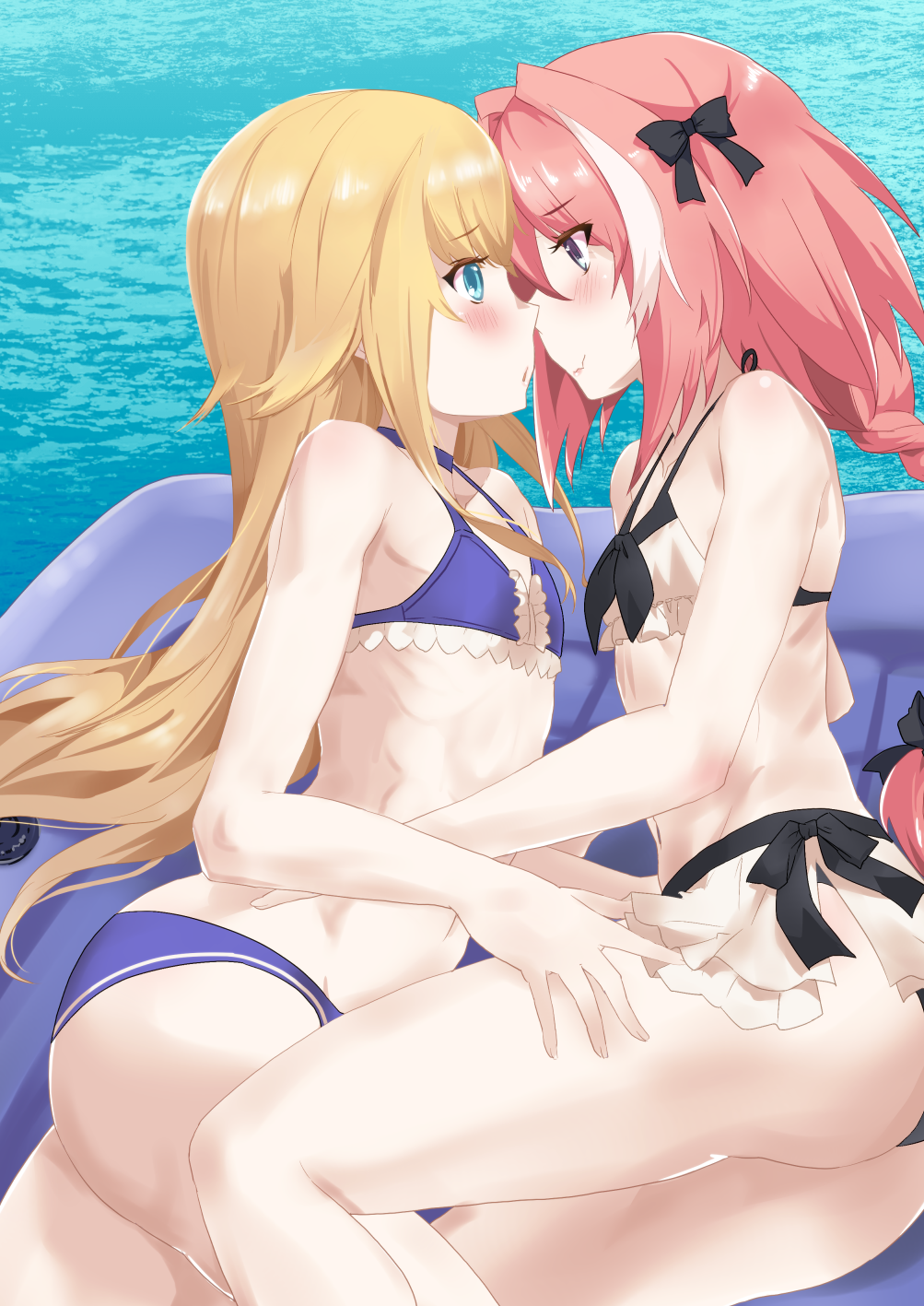 2boys, androgynous, ass, astolfo_(fate), bikini, blonde_hair, blue_eyes, blush, bow, braid, chevalier_d'eon_(fate), crossdressing, crossdressing_(mtf), eye_contact, fate/grand_order, fate_(series), gradient_eyes, hair_bow, hand_on_another's_hip, hand_on_another's_thigh, highres, long_hair, looking_at_another, male_focus, multicolored_eyes, multicolored_hair, multiple_boys, pink_eyes, pink_hair, rider_class_(fate), saber_class_(fate), shibaame, single_braid, streaked_hair, swimsuit, trap, trap_on_trap, very_long_hair, water, white_hair, yaoi