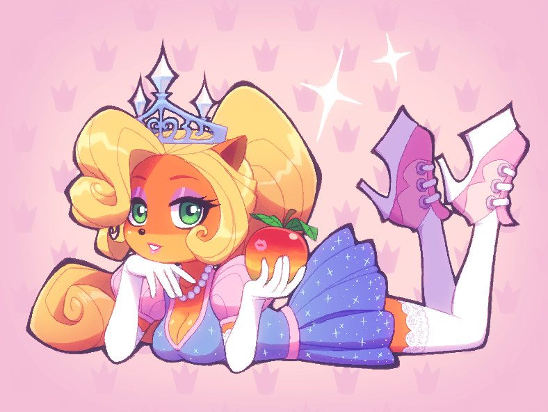 1girl, blonde_hair, breasts, cleavage, coco_bandicoot, crash_bandicoot_(series), crown, dress