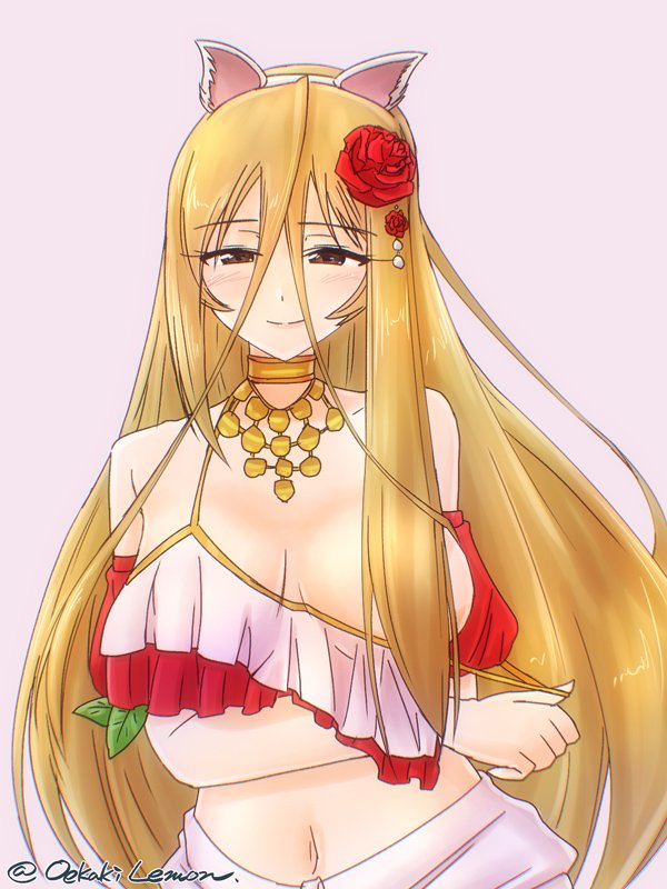 1girl, animal_ears, bad_id, bad_twitter_id, bare_shoulders, blonde_hair, breast_hold, breasts, brown_eyes, cat_ears, closed_mouth, commentary, crop_top, fake_animal_ears, female_focus, flower, frilled_shirt, frills, girls_und_panzer, grey_background, convenient_hair, hair_flower, hair_ornament, half-closed_eyes, jewelry, large_breasts, leotard, long_hair, looking_at_viewer, navel, necklace, nekonyaa, oekaki_lemon, one-hour_drawing_challenge, red_leotard, shirt, shirt_tug, simple_background, smile, solo, standing, twitter_username, upper_body