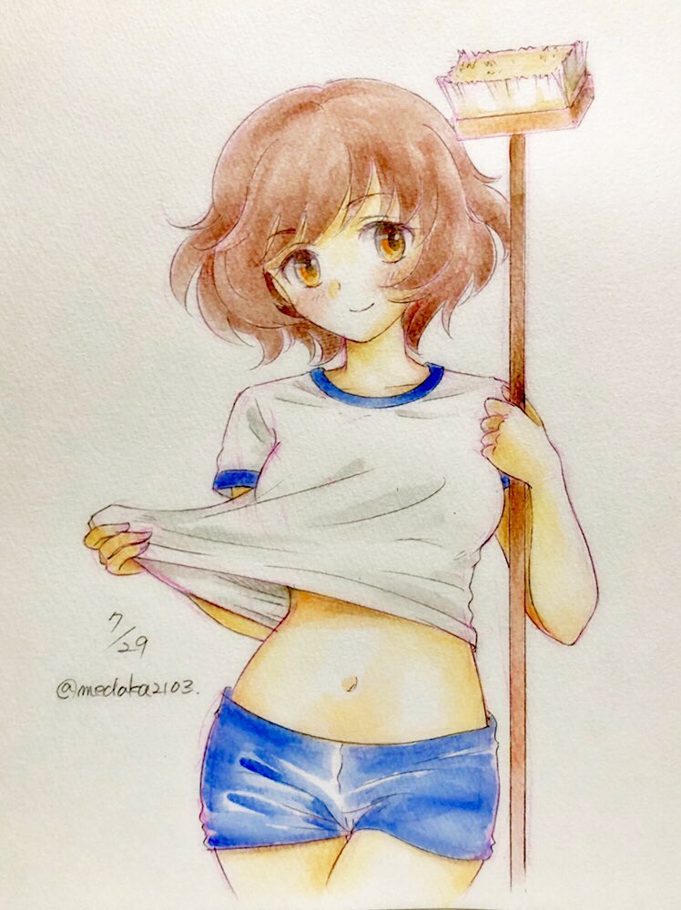 1girl, akiyama_yukari, blue_shorts, blush, broom, brown_eyes, brown_hair, closed_mouth