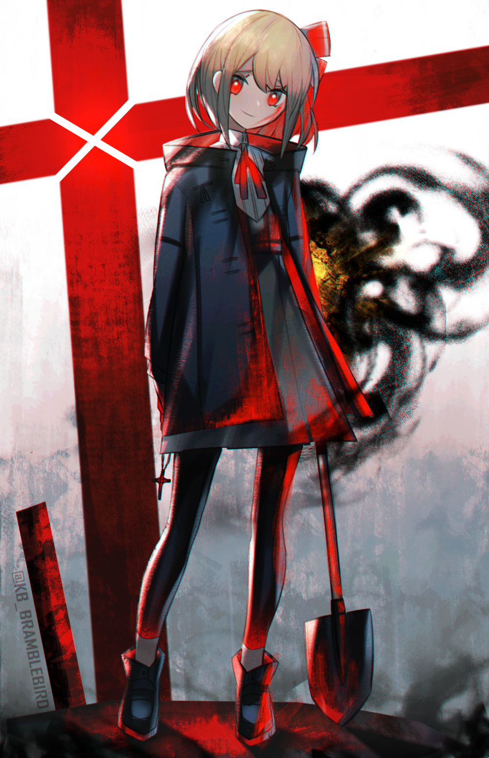 1girl, alternate_costume, blonde_hair, blood, blood_on_clothes, blood_on_face, bloody_weapon, commentary